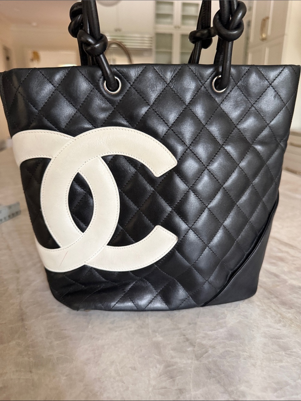 CHANEL Black Quilted Tote with Cream CC Emblem